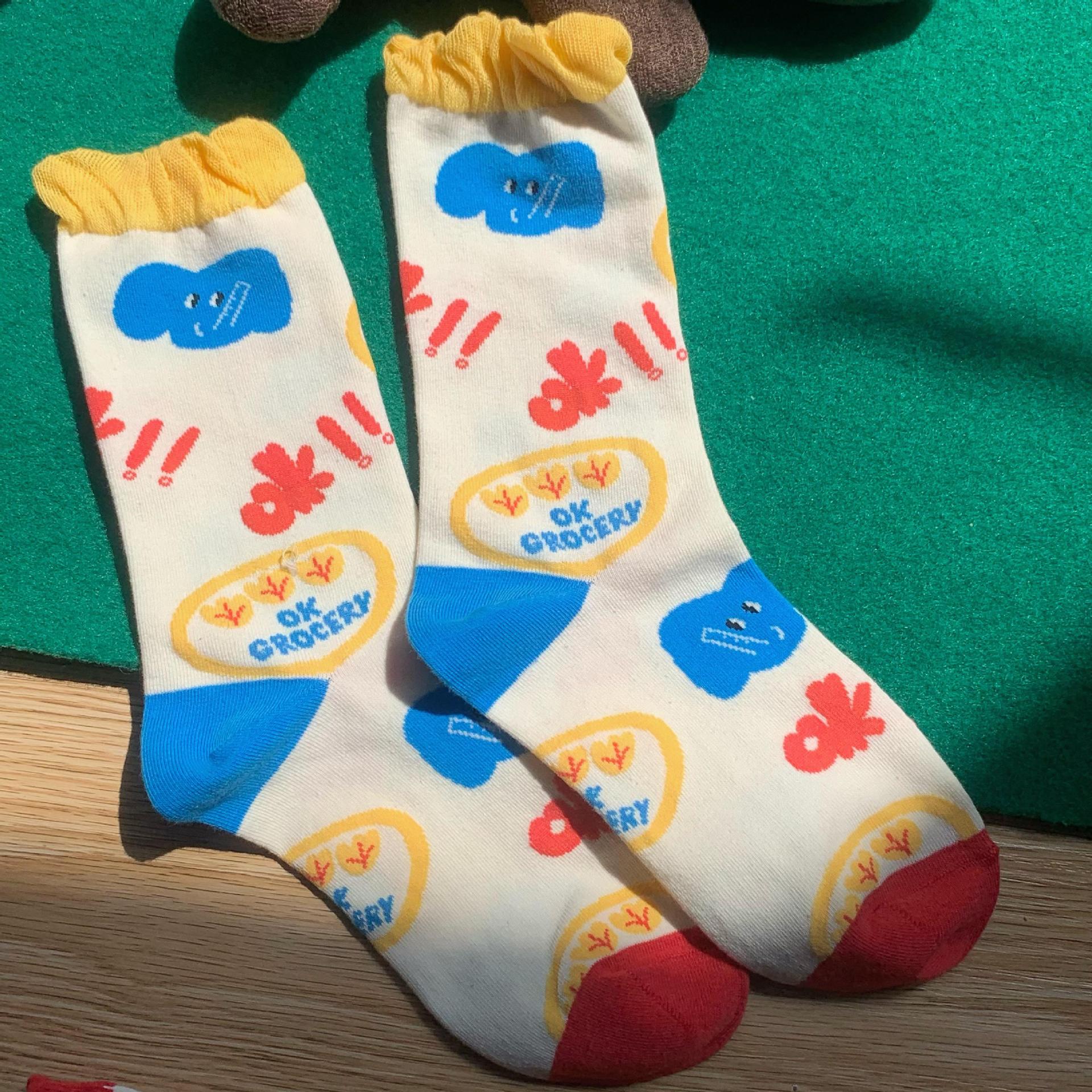 Socks Female Cute Baby Elephant Original Illustration Bubble Edge Cotton Socks Cartoon Print Personality Medium Stockings