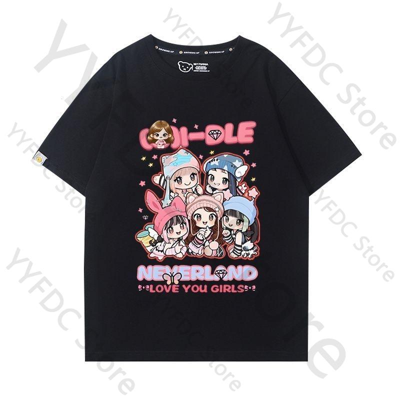 Gidle IDLE T Shirt MIYEON MINNIE Soyeon YUQI SHUHUA Cartoon Print Tshirt Women Unisex Fashion Summer Cotton Short Sleeve Tee Tops