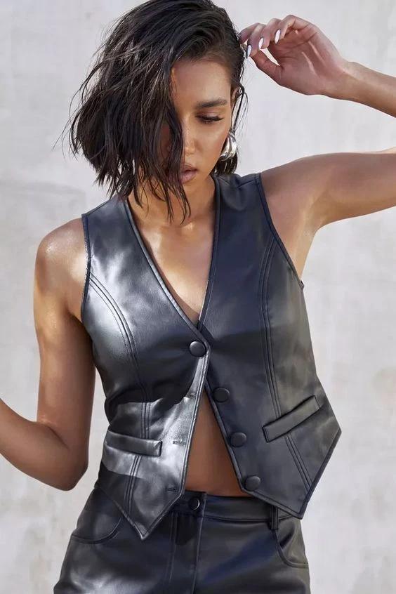 

Стильный женский жилет в западном стиле, нарядный жилет, кожаный черный из овчины, байкерский 3XL