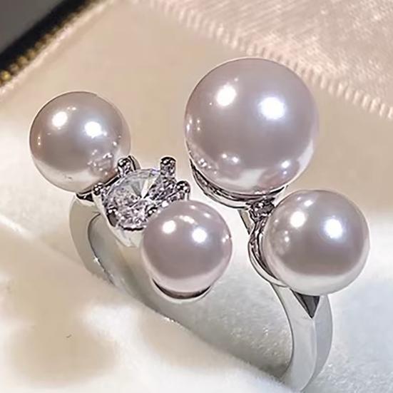 Women Ring French Style Adjustable Opening Finger Ring with Imitation Pearls Cubic Zirconia Design Jewelry Gift