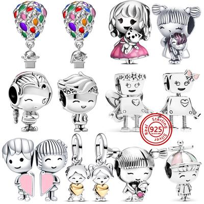 Ajuste Pulsera de Abalorios Colgante Original Zircón Fino Cobre de Ley 925 Dulce Encantador Niño Niña Amor Corazón Rosa Robot Cuentas DIY