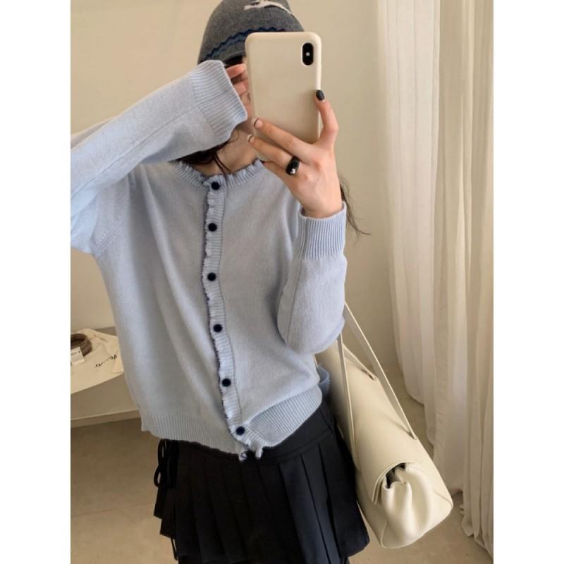 Womens 100% Wool Ruffle Knit Cardigan Petite Early Fall Soft Sweater Puyuan Top