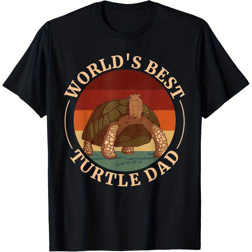World's Best Turtle Dad Graphic Tee Retro Sunset Design Short Sleeve T Shirt Daily Wear