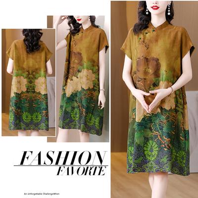 Chinese stijl Cheongsam-jurk Nieuwe vintage patroon middellange kunstprintjurk