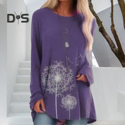 Women's Plus Size Tunic Top Dandelion Print Longline Shirt Crew Neck Long Sleeve Pullover Tee Casual Loose Fit Blouse for Work Daily Life