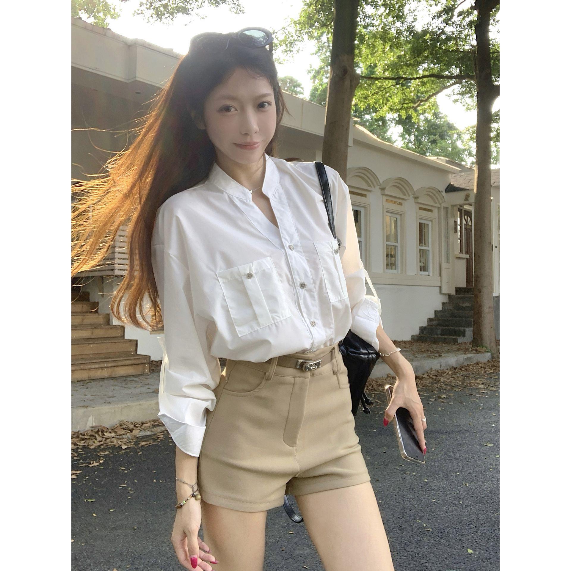 Women s Autumn Two-Piece Set: White Long-Sleeve Shirt High-Waisted Khaki Shorts S