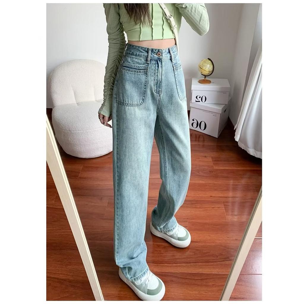 Retro Dżinsy z szerokimi nogawkami dla kobiet na wiosnę i jesień Nowe z wysokim stanem Luźny Wąski krój Proste opadające Spodnie podłogowe
