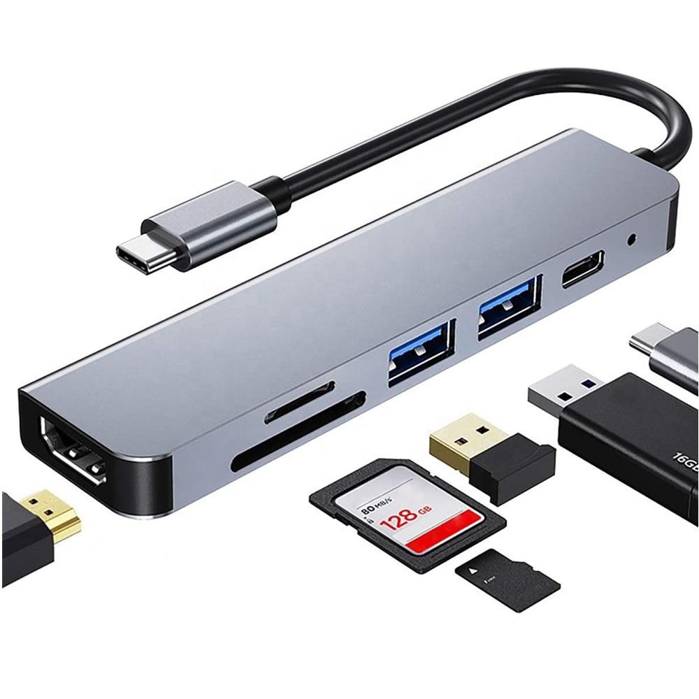 

6 in 1 USB Type C 4K HDMI Hub with 2 USB-A ,PD Charge and TF / SD Card Reader for MacBook Pro and IPad Pro and More серый