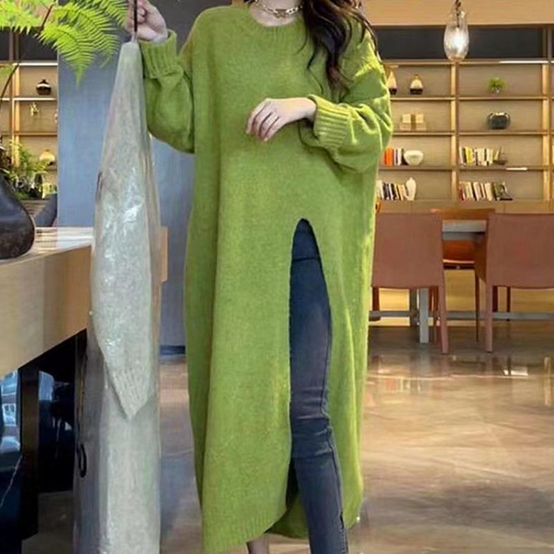 Retro loose lazy wind pullover solid color knee long split knit crew neck sweater skirt