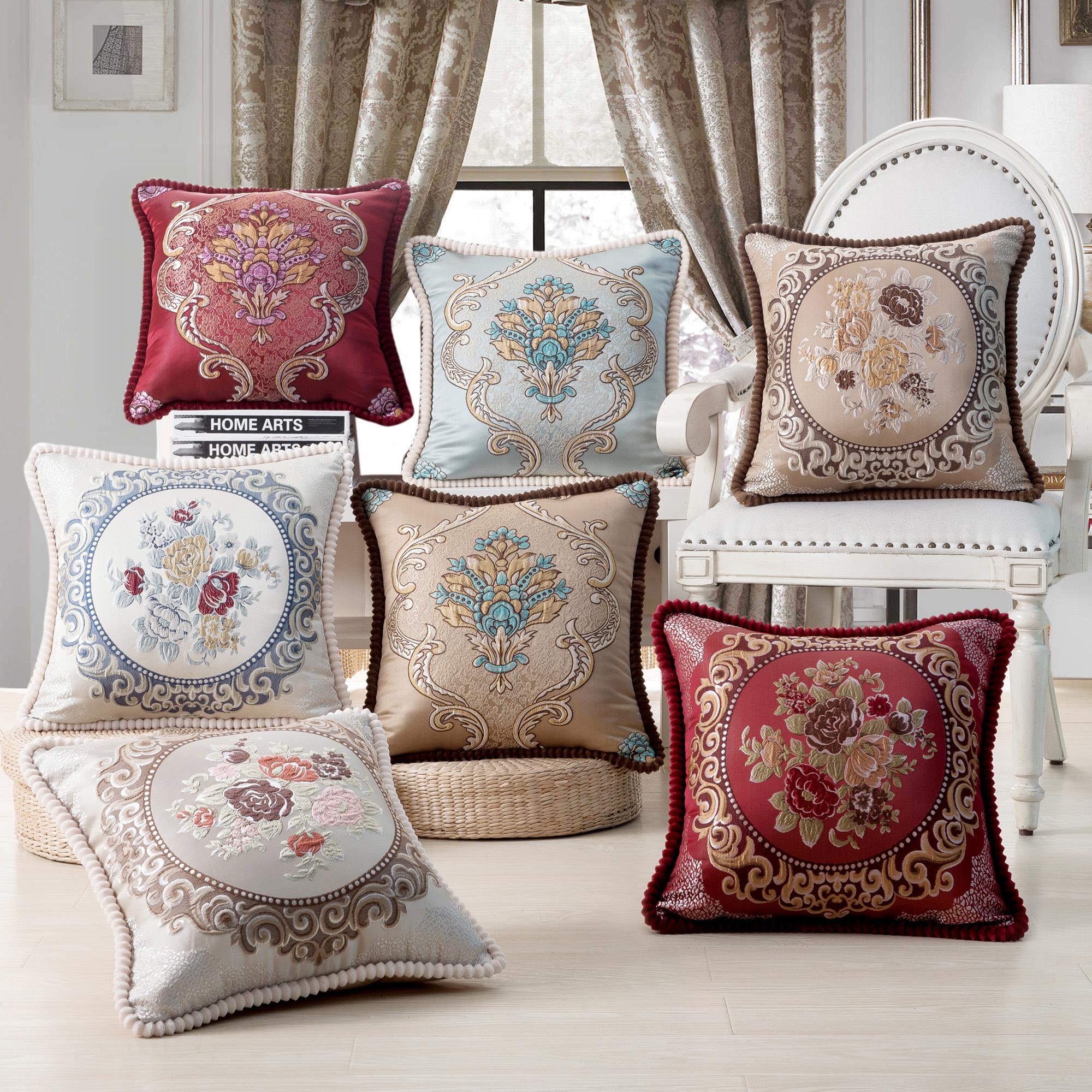 

Flowers Embroidery Cushion Cover Embossed Pillowcases Bead String Jacquard Cushion Covers for Living Bedroom Home Decor 480mm*480mm