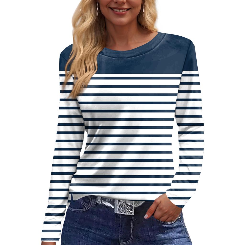 Women's Fashion Hem Slit Casual Striped Printed Round Neck Long Sleeve Top