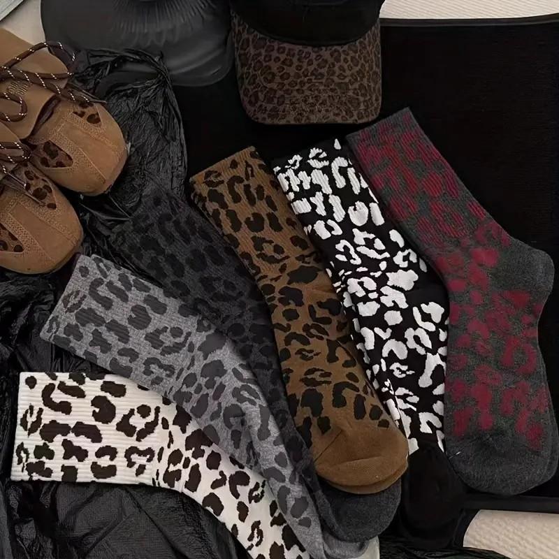 6 Pairs Women Leopard Print Mid Length Socks Fashionable Printing Comfortable Sweat Wicking Breathable Casual Mid Length Socks