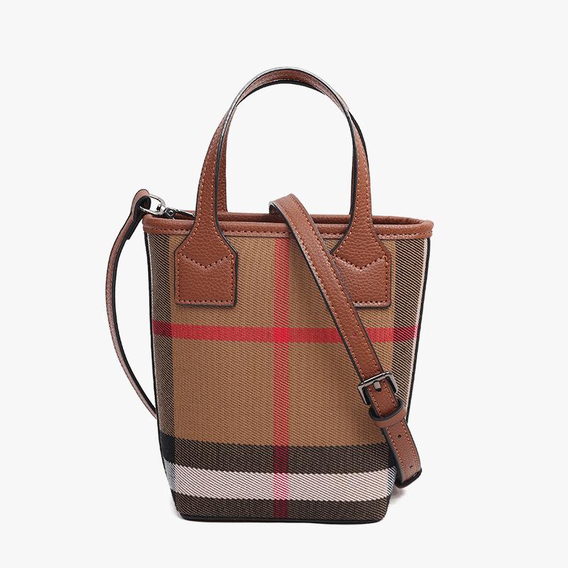 Vertical Square Bag Women Canvas Plaid Leather Handbag Shoulder Crossbody Bag Casual Commuter Tote Dark Brown