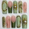 24 Stuks Lange Vierkante Press-On Nagels Frans Blauw Glitter Bloemen Design Plak Op Kunstnagels Voor Vrouwen Draagbare Manicure Tips