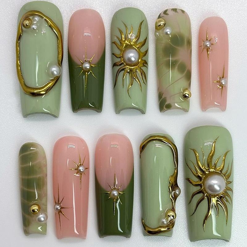 24 Stuks Lange Vierkante Press-On Nagels Frans Blauw Glitter Bloemen Design Plak Op Kunstnagels Voor Vrouwen Draagbare Manicure Tips