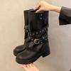 Belt Buckle Women Mid Calf Boots Fashion Slip On Square Low Heels Shoes Ladies Concise Long Boots Women Platform Boots New