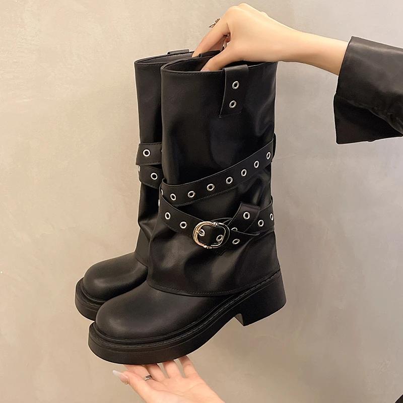 Belt Buckle Women Mid Calf Boots Fashion Slip On Square Low Heels Shoes Ladies Concise Long Boots Women Platform Boots New