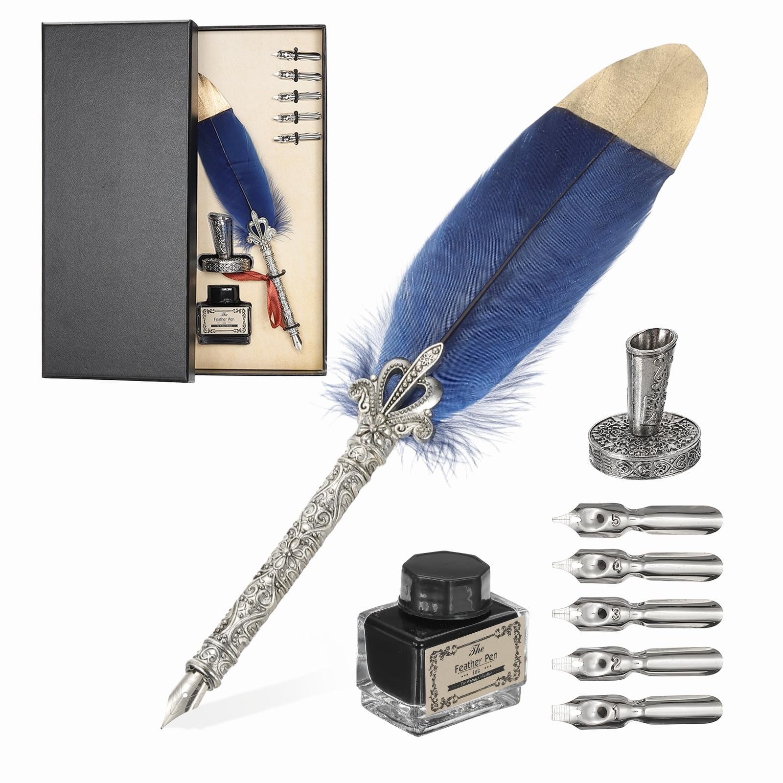 PATIKIL Feather Pen 1 Vintage Feather Calligraphy Fountain Dip Pen Pen Replacement Nibs for Beginner Writing Navy Blue Set, Set, Pen, Set, Ink,