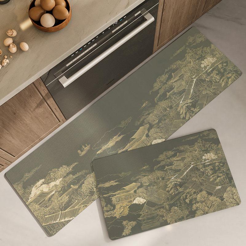 1pcs Waterproof Kitchen Carpet for Floor Oilproof PVC Plaid Kitchen Rug Anti Slip PU Leather Floor Mat Doormat Long Tapete Gray