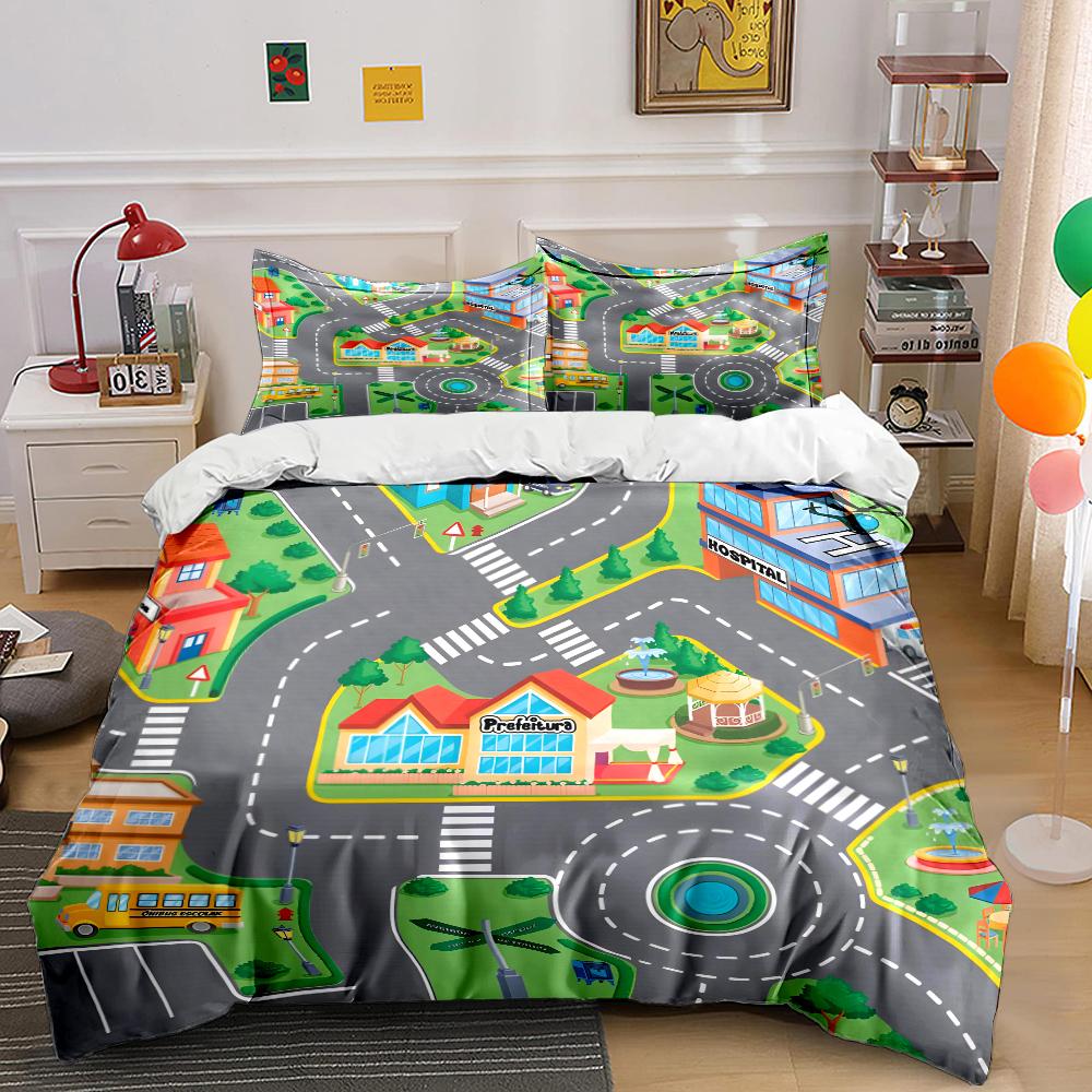 City Road Layout Illustration Bedding Set for Kids Luxury Gift 3pcs Digital Print Comforter Set Soft Comfortable Breathable