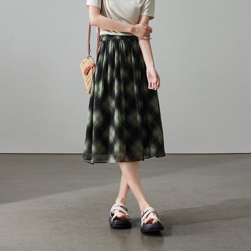 SOFSIL Vintage Plaid Chiffon A-Line Midi Skirt 27/M