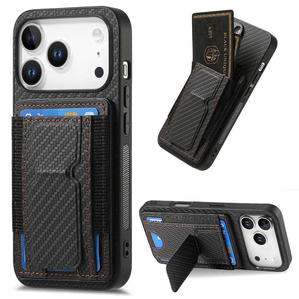 Carbon Fiber Pattern Vertical Card Solt Holder Wallet Leather Case For iPhone 17 Pro Max 16 Plus 15 Plus 14 13 12 11 Stand Cover