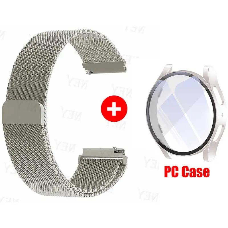 Glass Case+Strap for Samsung Galaxy Watch 7 6 5 4 40mm 44mm Milanese Loop 20MM Band PC Protector Cover Bumper Galaxy Watch 6 5 4