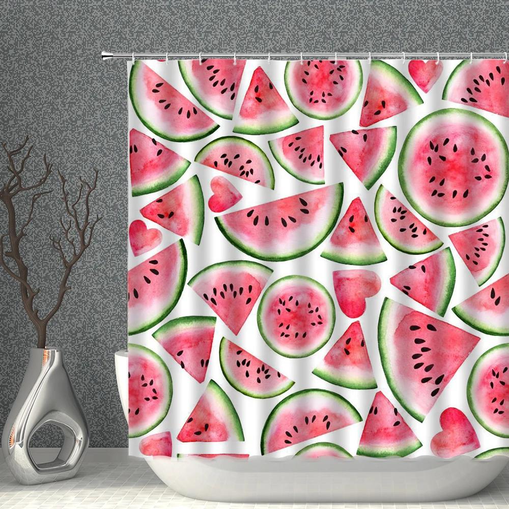 Fruits Shower Curtain Waterproof Fabric Watermelon Apple Strawberry Print Bath Curtains Set Pink Green White Bathroom Screen