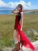 Women's Red Ruffle Waist-Hugging Spaghetti Strap Midi Dress