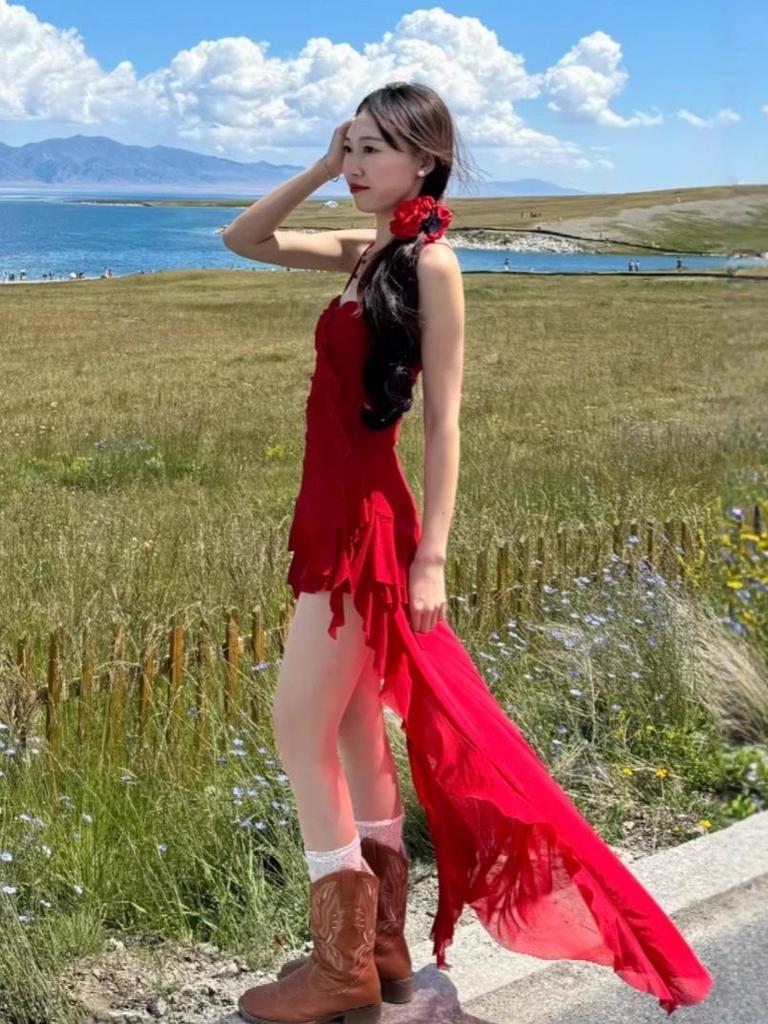 Women's Red Ruffle Waist-Hugging Spaghetti Strap Midi Dress