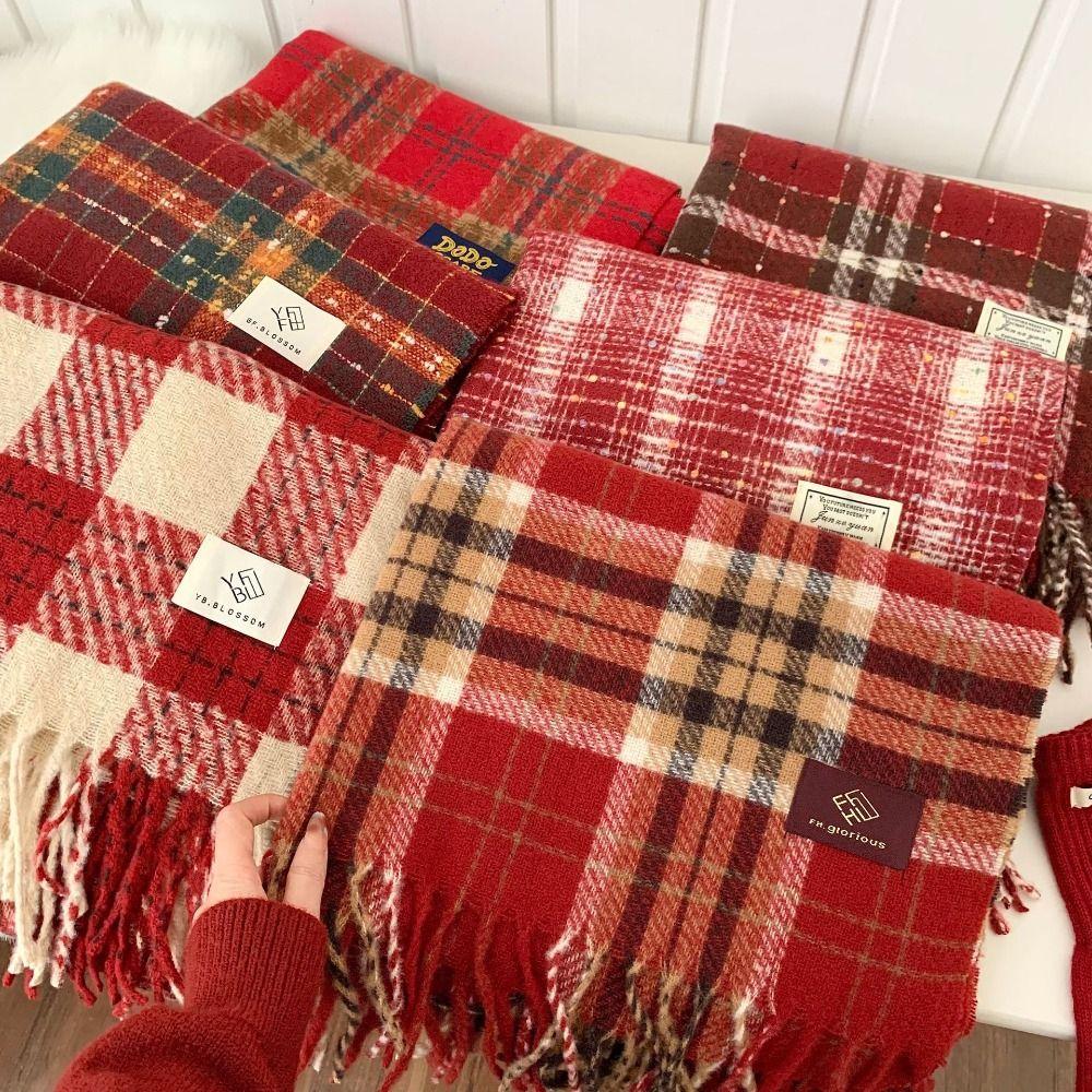 Sweet Plaid Wool Scarf New Year Red Long Shawl Thicken Winter Knitted Scarves  Women/Men
