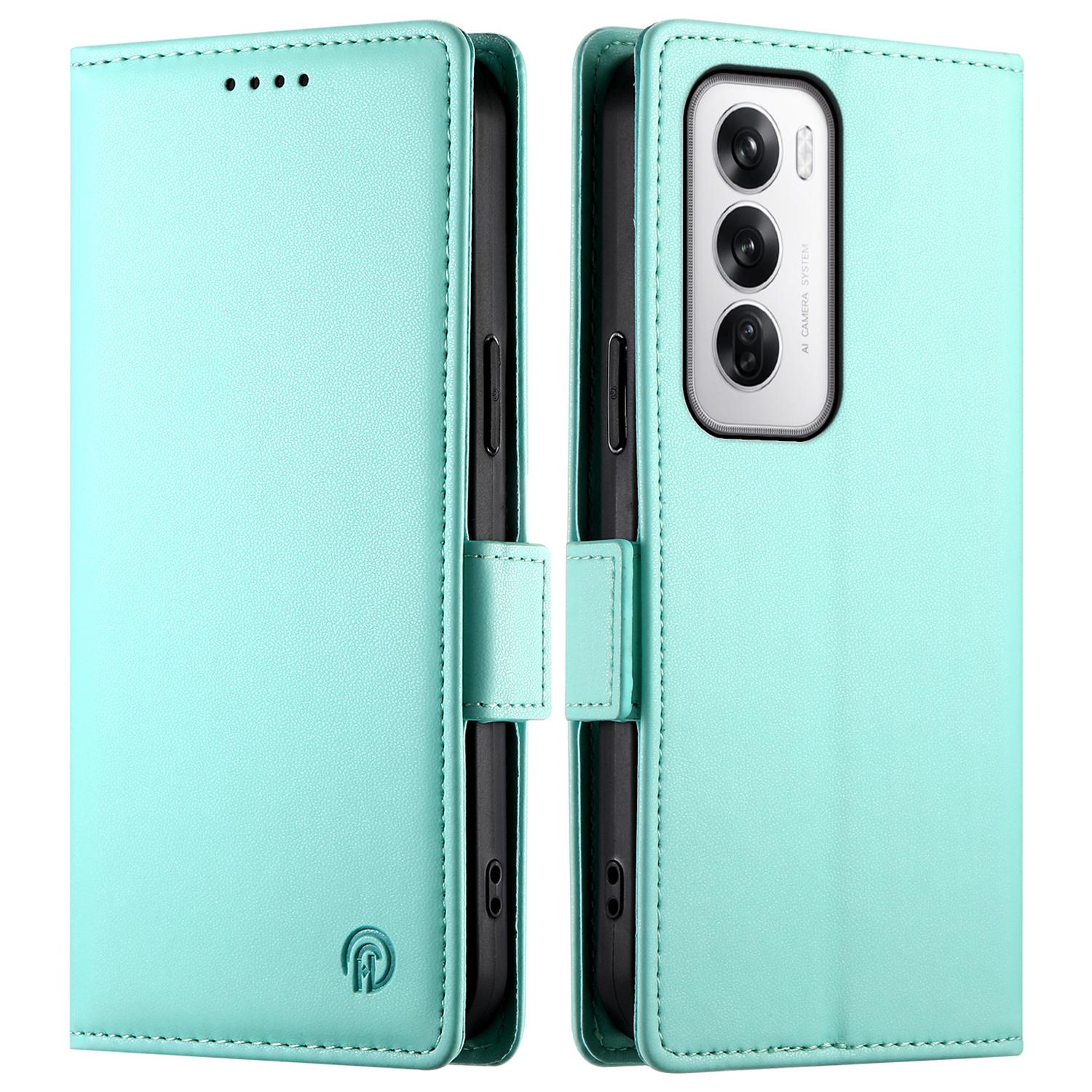 

DF-010 For Oppo Reno12 5G (Global) Wallet Phone Case Stand PU Leather Flip Cover Mint Green