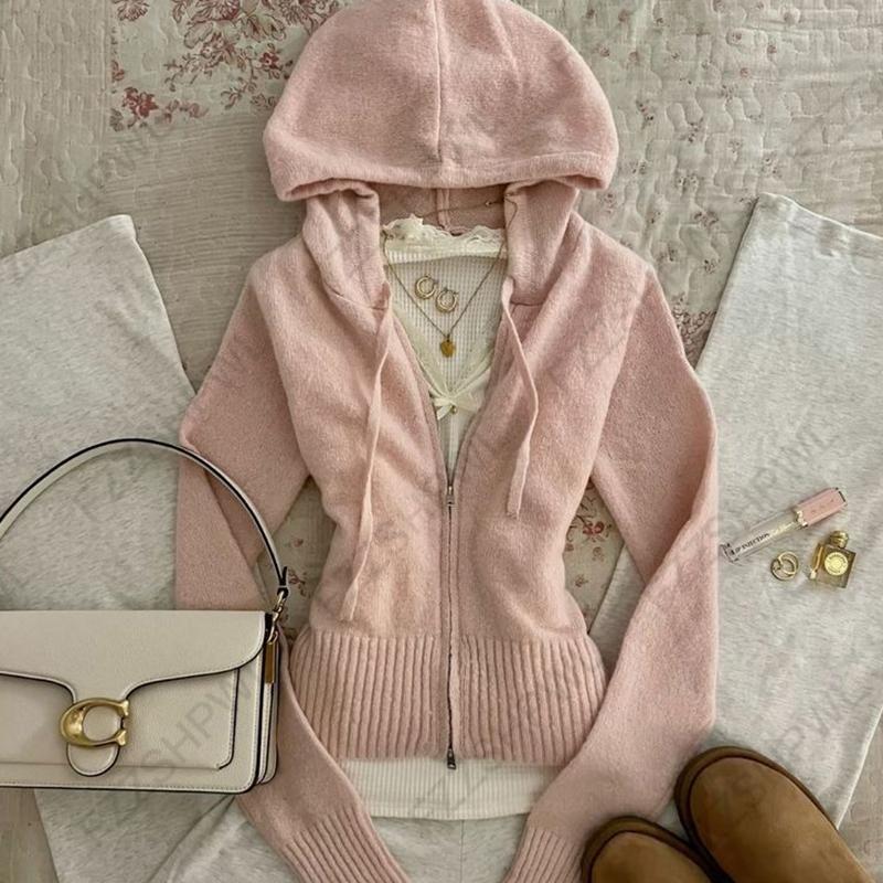 2KWEIRD Sudadera con Capucha Estética Gótica para Mujer Otoño Invierno Cuello de Piel Casual Diseño Elegante Slim Cárdigan Sudadera Ropa Harajuku Años 2000