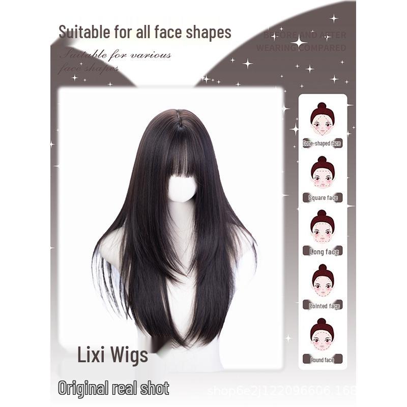 Long Straight Black Tea Lolita Wig for Women with Full Bangs and Natural Scalp