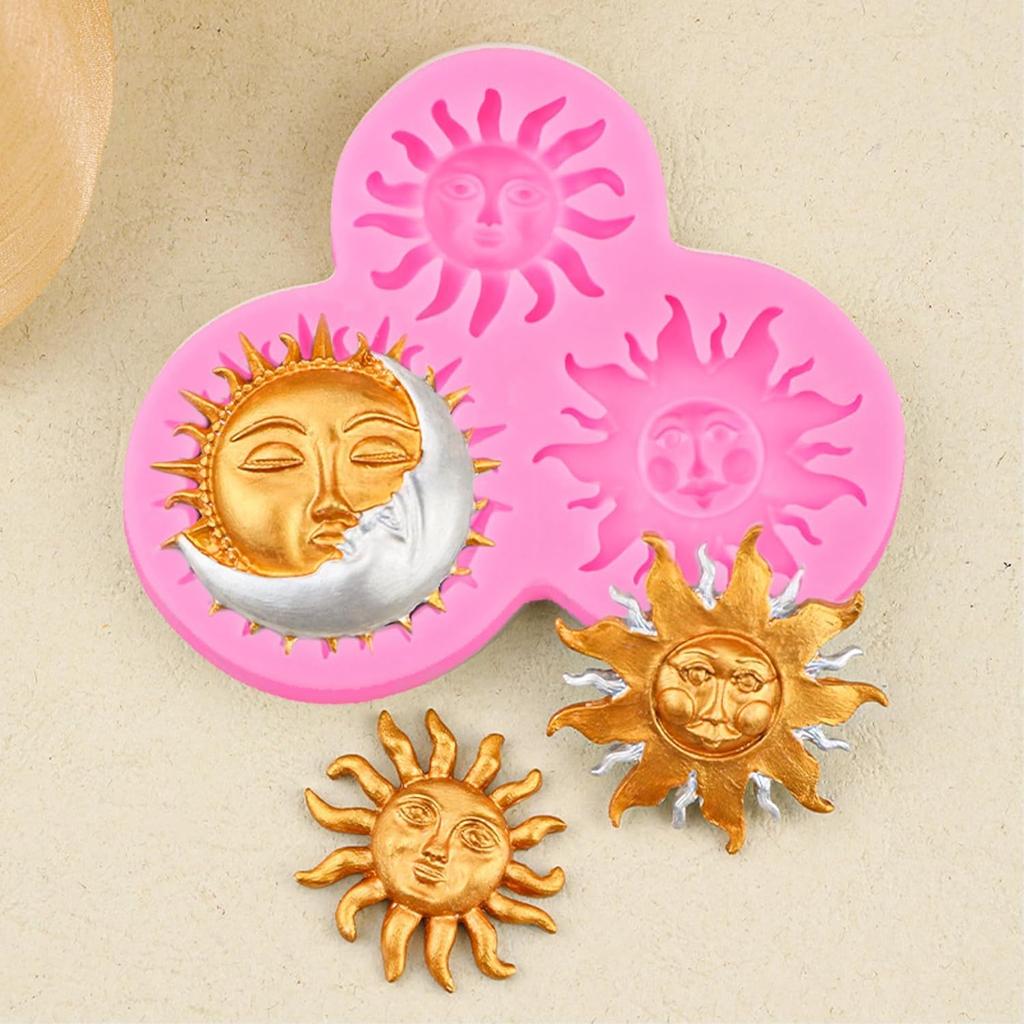 Sun Moon Face Fondant Mold, Silicone Chocolate Candy Mold for DIY Baking Sugar Craft Gum Resin Clay Cake Decorating, Pink