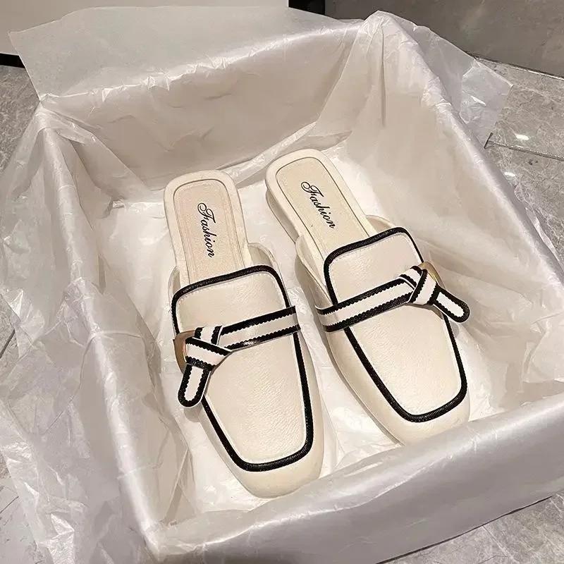 Модные черные туфли-мюли для женщин женские туфли на квадратном каблуке новинка 2024 года роскошные дизайнерские шлепанцы из искусственной кожи элегантные офисные туфли 36 белый 2195₽