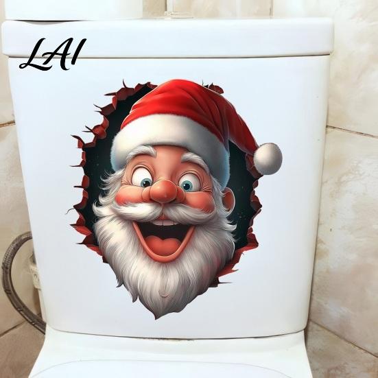 Funny Holiday Party Decorations Santa Toilet Sticker Christmas Lid Decal Self-Adhesive 3D Durable Festive Home Accessories Hole Waterproof PVC Wall
