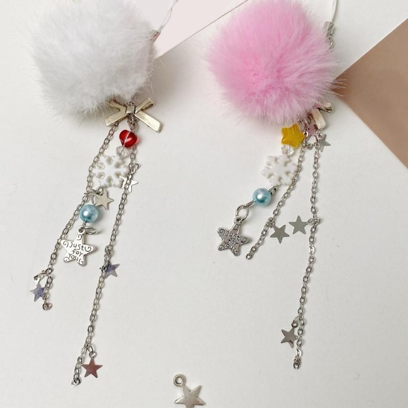 Fuzzy Balls Snowflake Star Bead Cellphone Strap Christmas Phone Lanyard Colorful Beaded Bag Charm Holiday Accessory