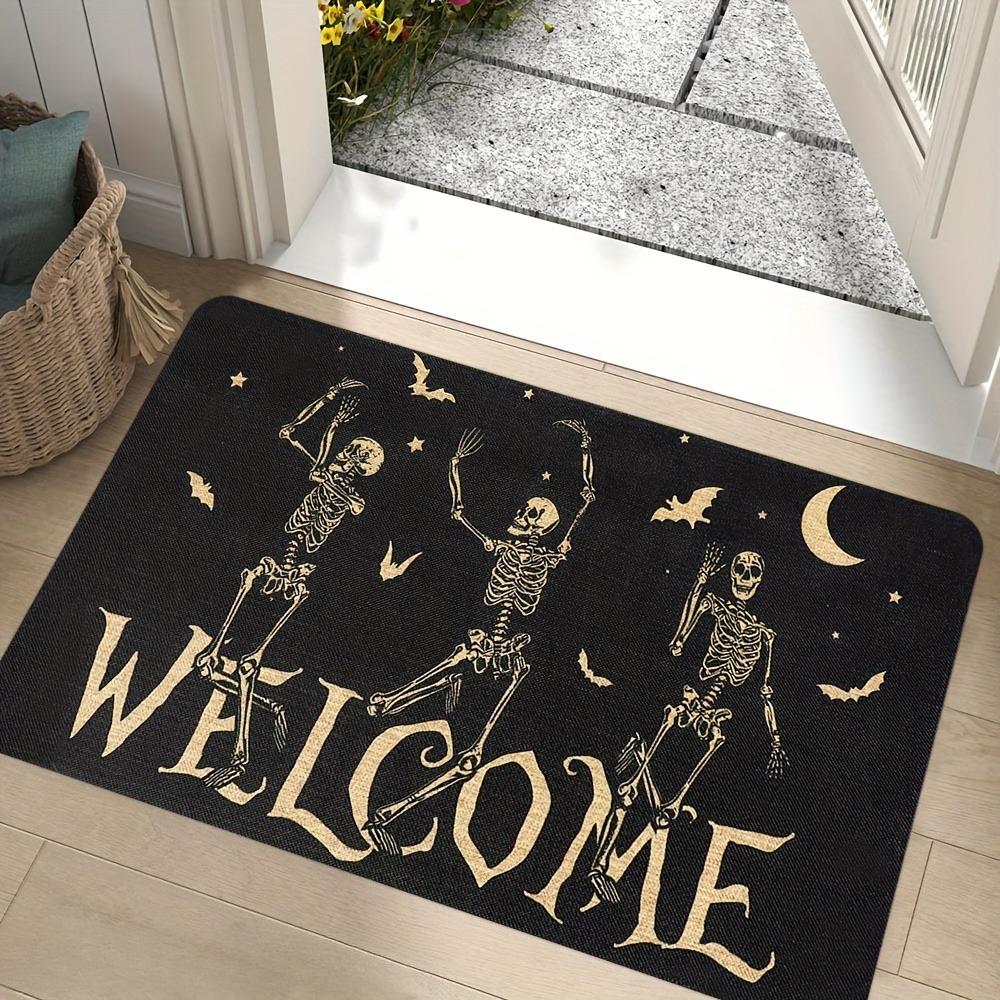Spooky Holiday Floor Rug Skeleton Skull Pumpkin Moon Welcome Slogan Gothic Pattern Decor Area Rug for Indoor Porch Home Ornament