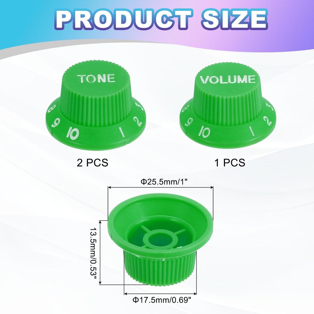 uxcell Set Metric Top Hat Bell Knobs 1 Volume 2 Tone Control Guitar Knob Set for Electric Guitar Bass Split Shaft Pots Green White 3-Piece