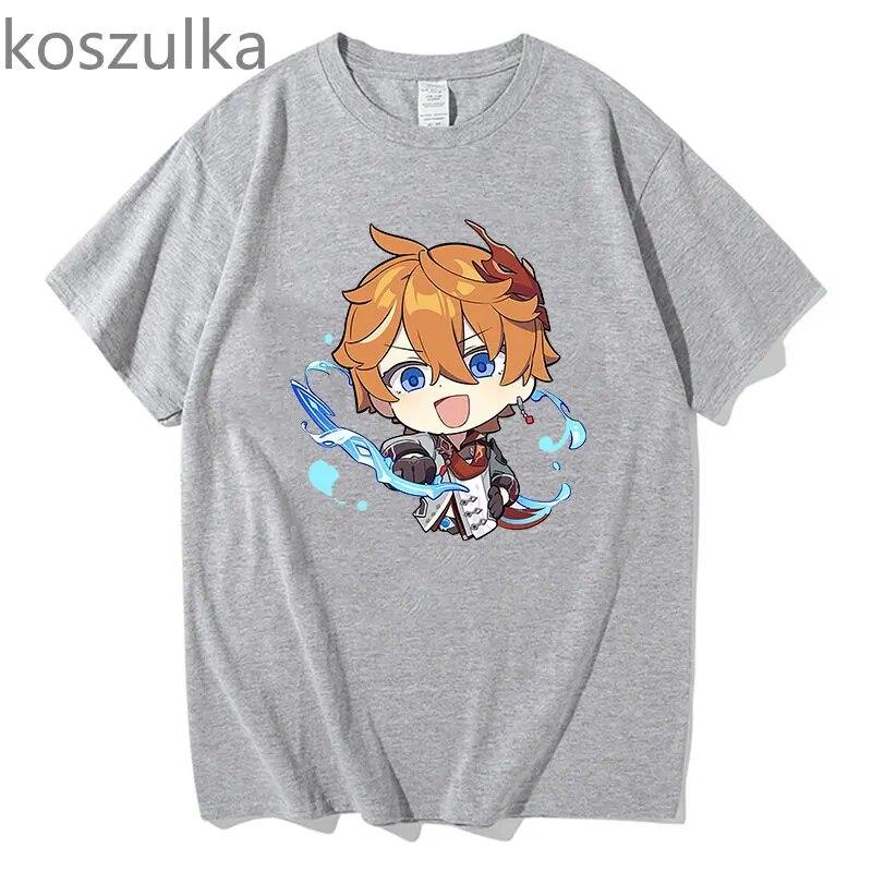 Tartaglia T-shirt Genshin Impact - Chibi Childe Couple 100%Cotton Cute Cartoon Print Women Shirt Summer Cozy Soft Casual Tops