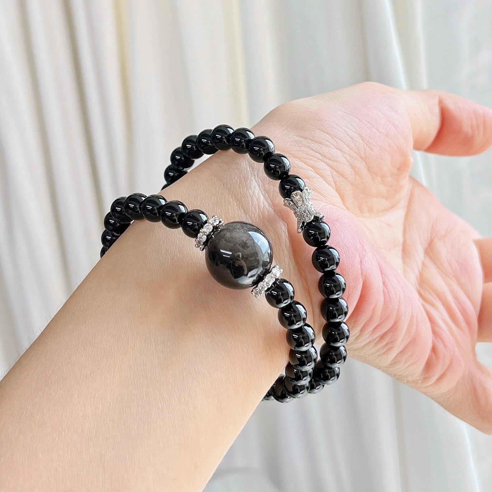 

6Mm Natural Black Agate Obsidian Multi-Circle Design Bracelet Bracelet.