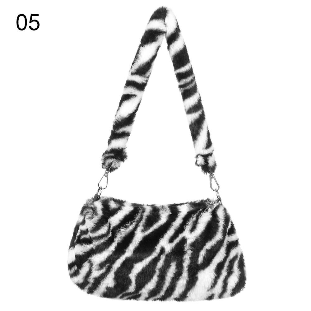 Women Leopard Print Plush Shoulder Bag Fashion Casual Underarm Crossbody Messenger Purse