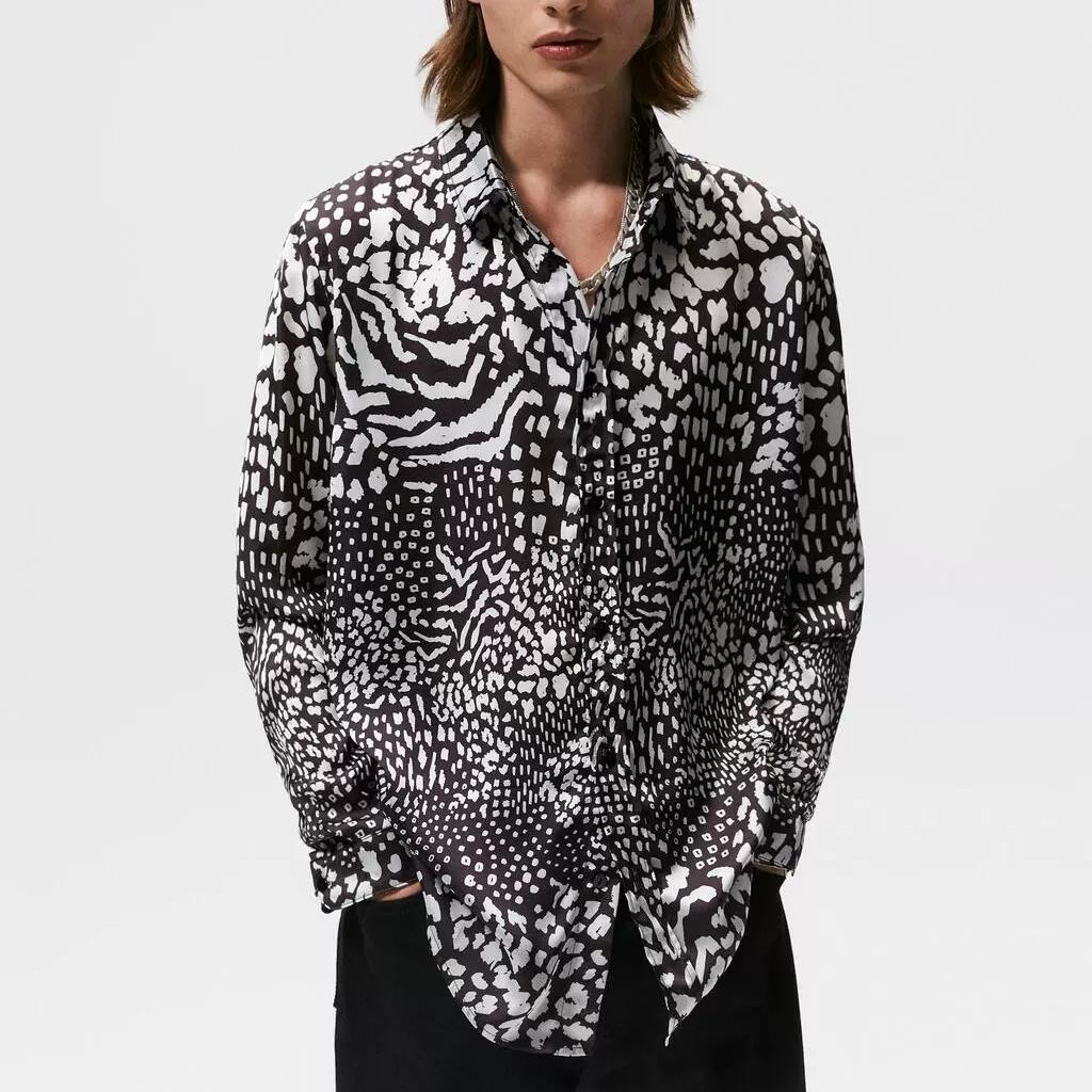 Zara Повседневная рубашка с длинным рукавом с принтом животных, мужские рубашки, черная 6917341-800