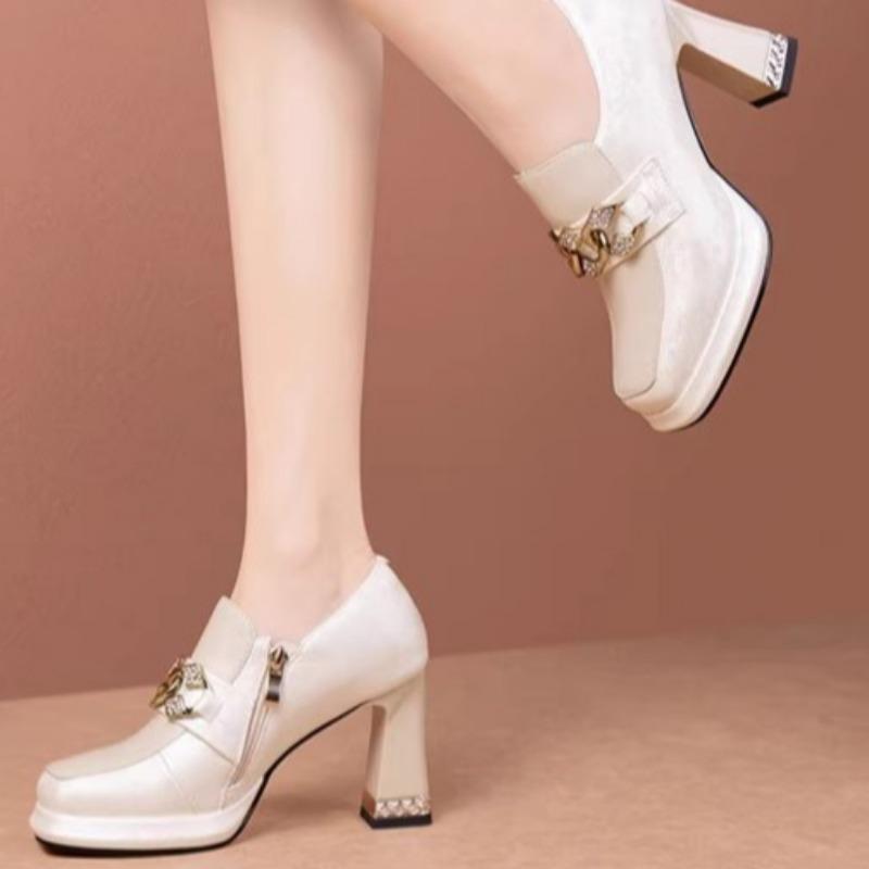 Fashion Women's Thick Heel Shoes Spring Square Head Deep Mouth Side Zipper Metal Chain Thick Sole Anti-slip Wear-resistant High Heels