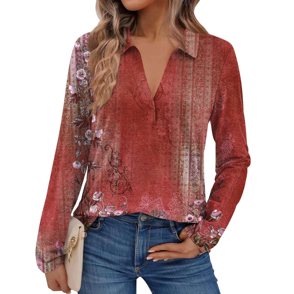 Women's Fashion Long-Sleeved Retro Floral Print Stand Collar Shirt