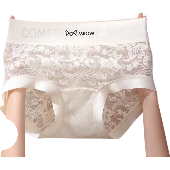 MIIOW Women's Lace Sexy Seamless Mid-Waist Breathable Silk Antibacterial Gusset Pure Desire Triangle Shorts 3-Pack Mixed Colors