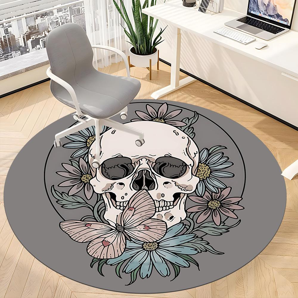 1pc Skull Flowers Office Round Area Rug, Under Office Chairs Bedroom Living Room Home Decor, Room Deco