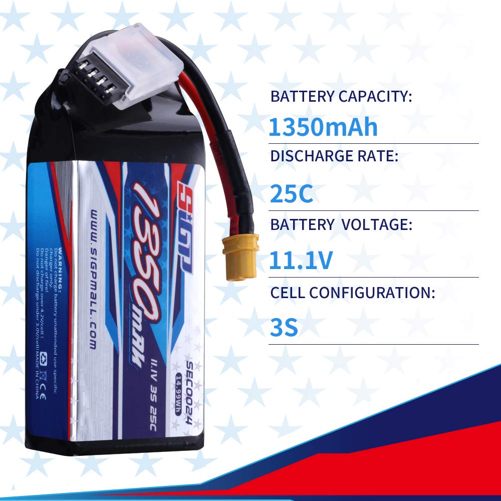 SIGP 11.1V 3S LiPo 1350mAh 25C RC Soft Pack with XT30 Plug for RC Airplanes, Quadcopter, Helicopter Drones, FPV Racing, and Hobbies (2-Pack)