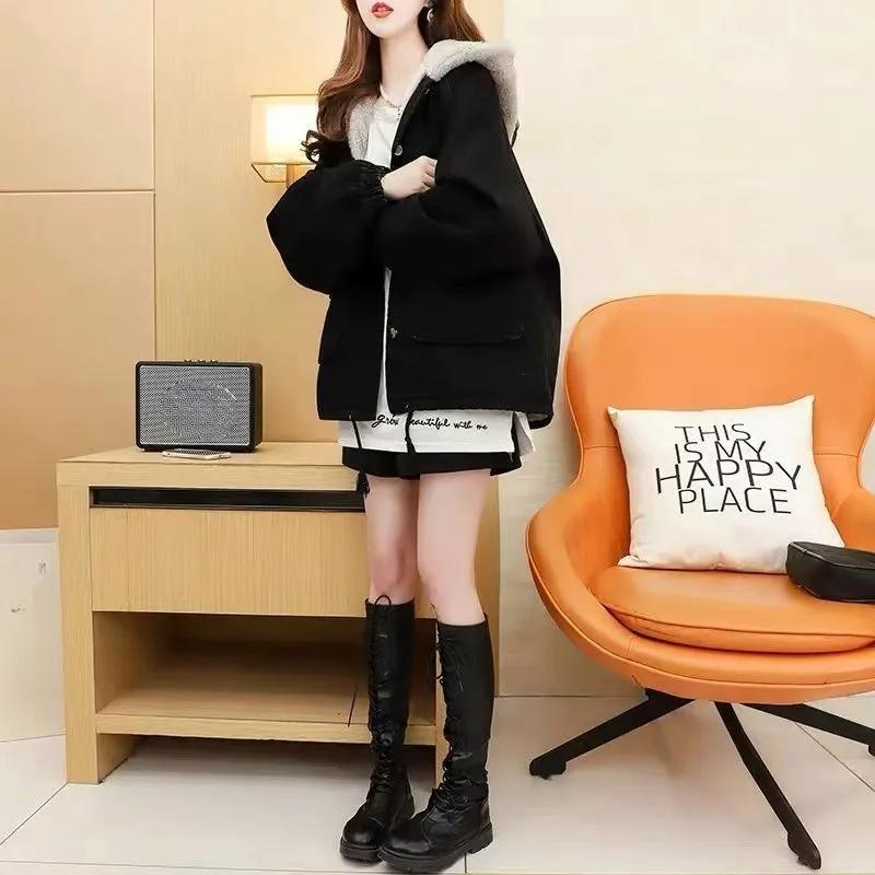 Plus Velvet Thick Hooded Denim Jacket Women's Autumn and Winter Outer Wear All-match Loose Lazy Style Jacket